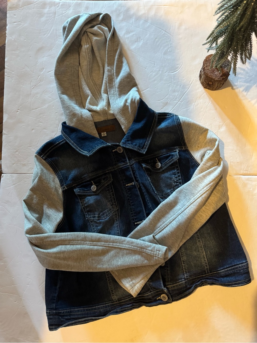 Wallflower Dark Blue Denim Jacket with Gray Knit Hood & Sleeves